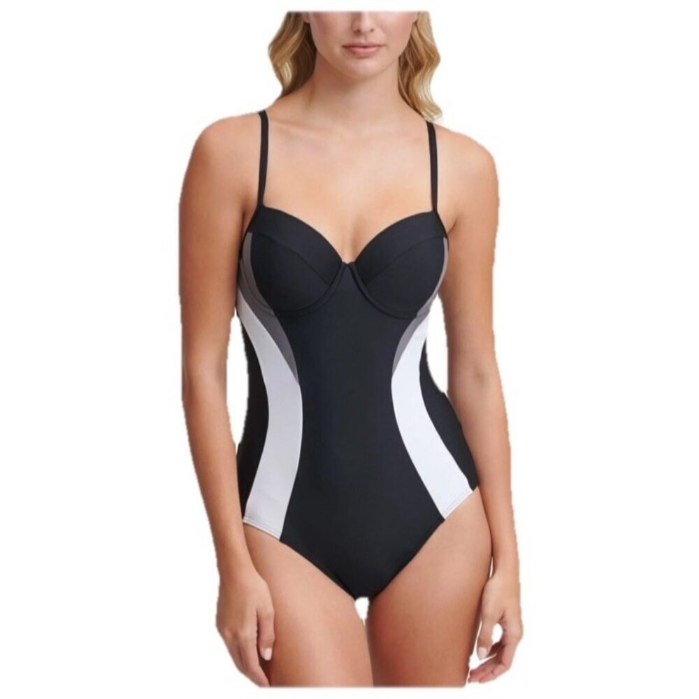 Dkny Black White Colorblock One-Piece Swimsuit